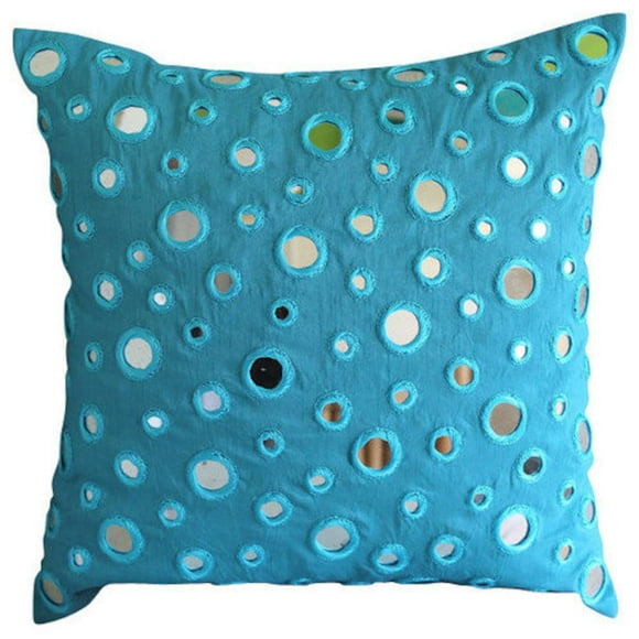 Euro Sham Pillow, Aqua Blue Euro Size Pillow Shams 26x26 inch (65x65 cm), Silk Euro Sham Covers, Circles & Dots, Polka Dots, Mirror Embroidery, Contemporary Euro Shams - Blue Mirror