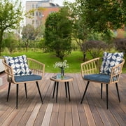 3-Piece All-Weather Wicker Patio Bistro Set - Glass Top Table & Blue Cushions, Ideal for Garden, Backyard, Balcony, Poolside Relaxation