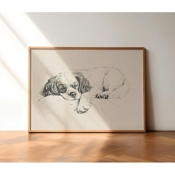 Sleeping Cavalier King Charles Print, Dog Vintage Drawing, Pet Wall Decor, Antique Vintage Painting, Dog Retro Poster, Farmhouse Wall Art Wall Art, Modern Wall Decor, 8x12 UNFRAMED