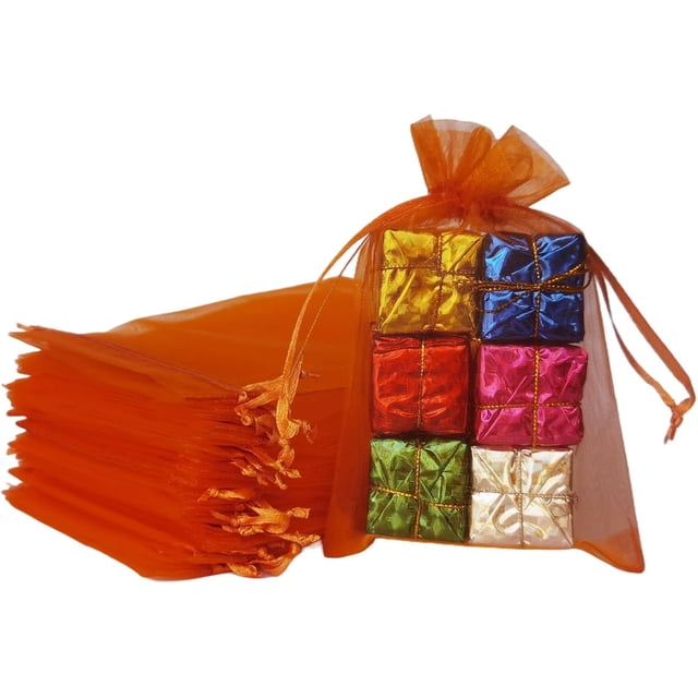 Juego de 50 bolsas organza regalo con cordón 5 x 7 pulgadas, color naranja para joyas, organizador, dulces, pestañas, bolsa malla transparente baby shower, Navidad, regalos fiesta Naranja 5x7 inch 1