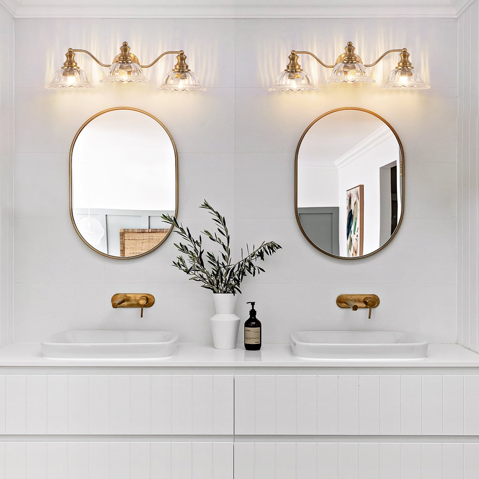 Jopath 24" 3-Light Vintage Bathroom Wall Sconce,Golden Metal and Glass Lampshade Vanity Light Fixture for Bathroom Hallway Bedroom (Bulb Not Included)
