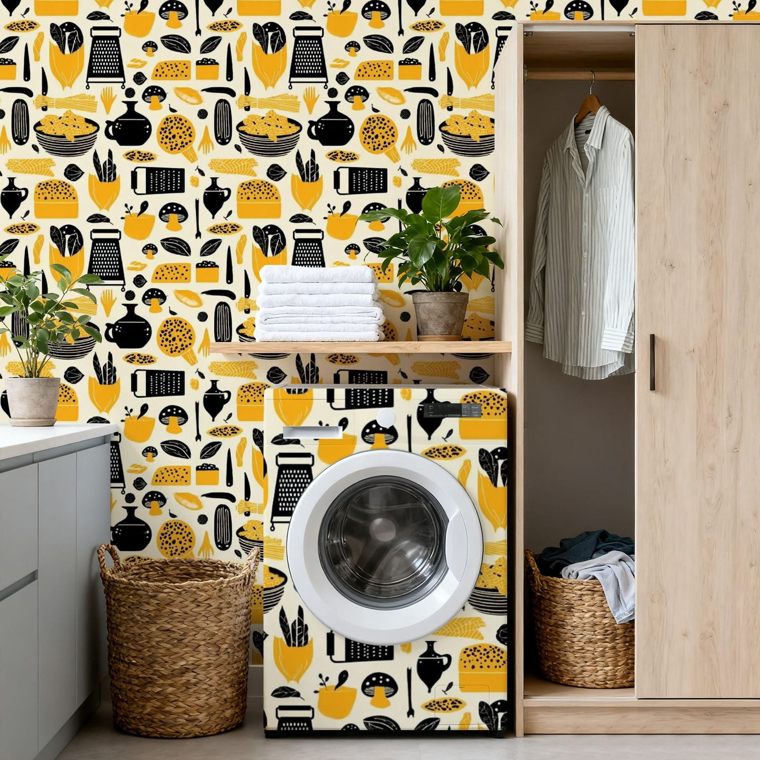 Modern Peel and Stick Wallpaper 17.7in x 9.8ft Abstract Food Mushrooms Vegetables Yellow Black Contact Paper Self-Adhesive Removable Wall Paper for Bedroom Kitchen Cabinet Renter Friendly