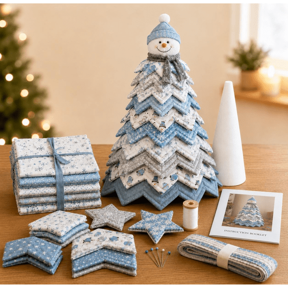 DIY Quilted Santa Christmas Tree Kit, Fabric Patchwork Set, Handmade Holiday Tabletop Ornament, Adult Sewing Craft, Snowman Layered Tree, Vintage Americana Quilting Gift,Snowman
