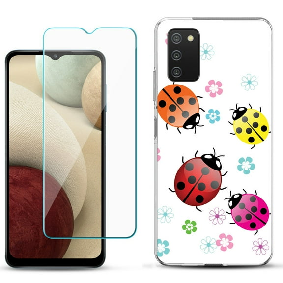 Slim-Fit TPU Phone Case Compatible with Samsung Galaxy A02s, with Tempered Glass Screen Protector, by OneToughShield ® - Ladybug