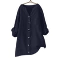 thumbnail image 4 of Camisa de lino con botones para mujer, top holgado y transpirable con cuello redondo, color liso para uso diario/verano 2025, 4 of 4