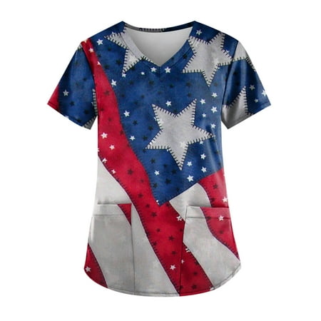 

TQWQT Womens Scrub Tops Cheap Short Sleeve Cute American Flag Pattern Printed V-Neck Independence Day Scrubs Shirts White XXXXXL
