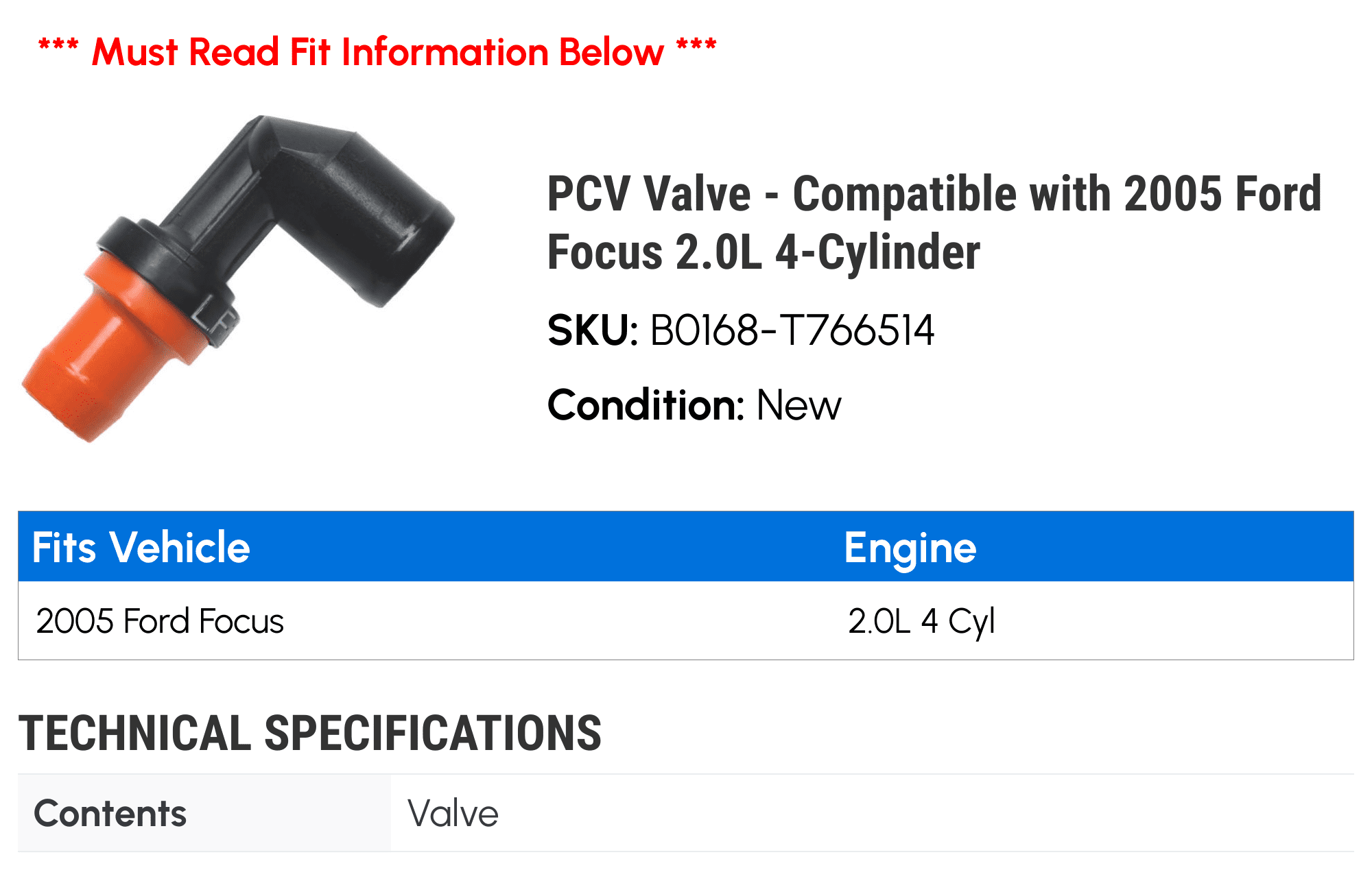 PCV Valve - Compatible with 2005 Ford Focus 2.0L 4-Cylinder