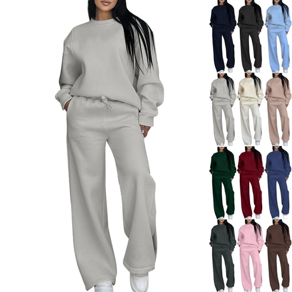 Women Fall Two Piece Lounge Outfit Long Sleeve Tops High Waisted Jogger Pants Set Travel Clothes Tracksuit Solid Color Athleisure Sweatshirts & Drawstring and Straight Leg Pants with Pocket