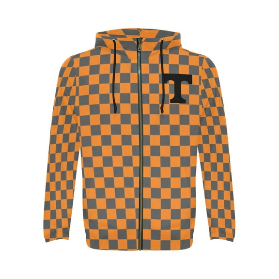 Orange Checkered All Over Print Full Zip Hoodie for Men (Model H14) (Size:S;)