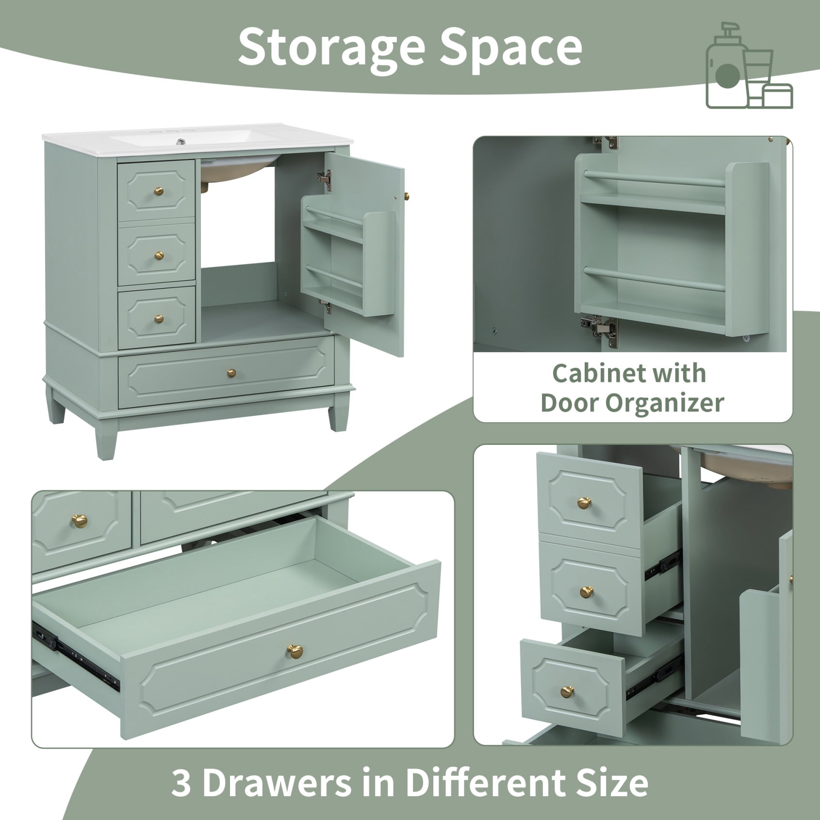 30" Bathroom Vanity with Ceramic Sink ,Soft-Close Door and 3 Drawers, Freestanding Vanity Cabinet with Storage Shelves,Solid Wood Frame Vanity for Bathroom, Light Green