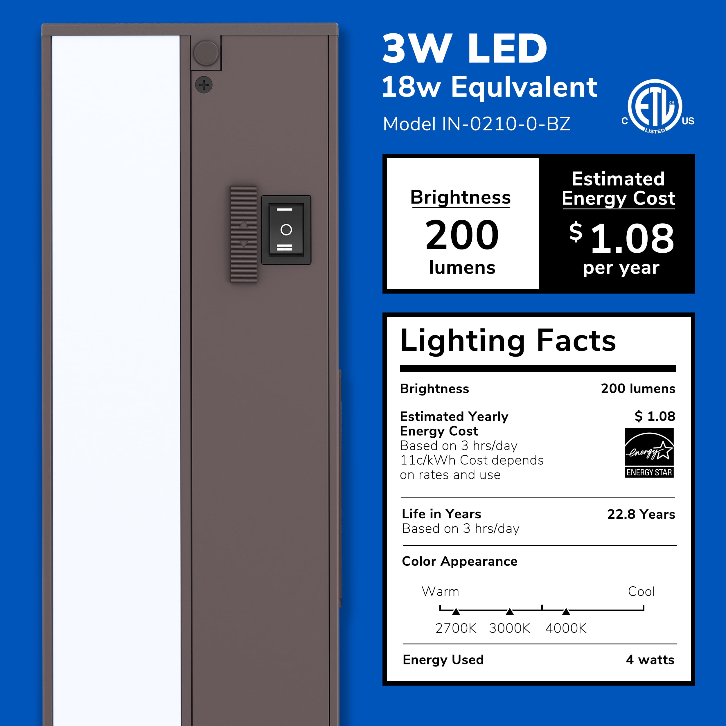 Inlight 9-inch 3 Color Levels LED Under Cabinet Lighting, Hardwired or Plugged-in, Selectable 2700K/3000K/4000K, Bronze Finished, IN-0210-0-BZ