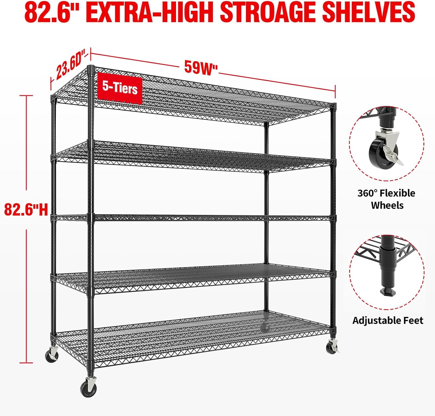 Garvee 5 Tier Metal Storage Shelving Unit with Wheels, Adjustable Rack Shelf, 59" x 23.6" x 82.6", Black