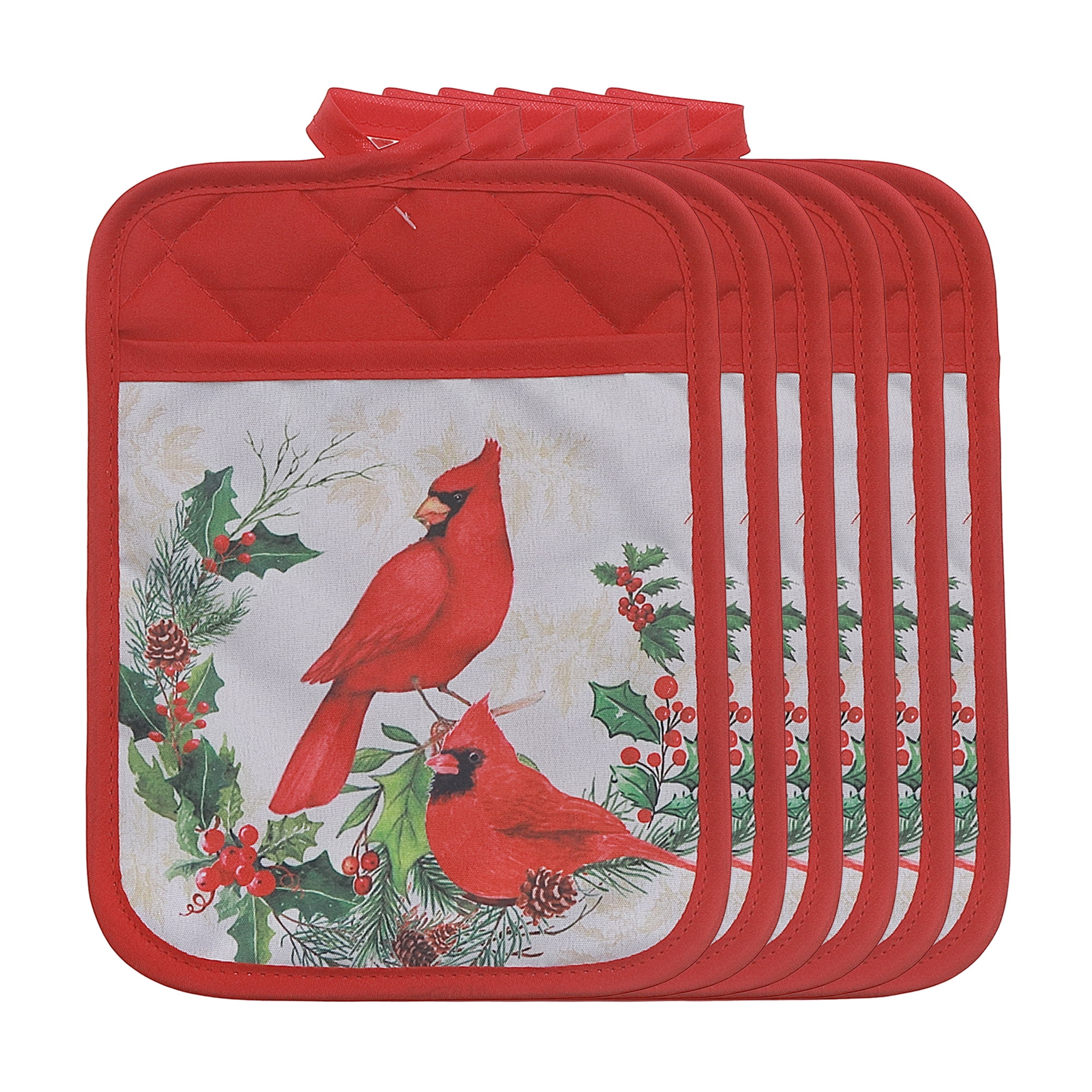 Pot Holder With Pocket (Cardinals Perched On Wreath) - Set of 6