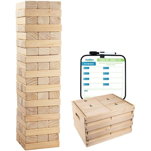 Giant Tumbling Timber Toy - 60 Jumbo Wooden Blocks Floor Game for Kids and Adults, w/ Storage Crate - Premium Pine Wood, Life Size- Grows to Over 5-feet While Playing