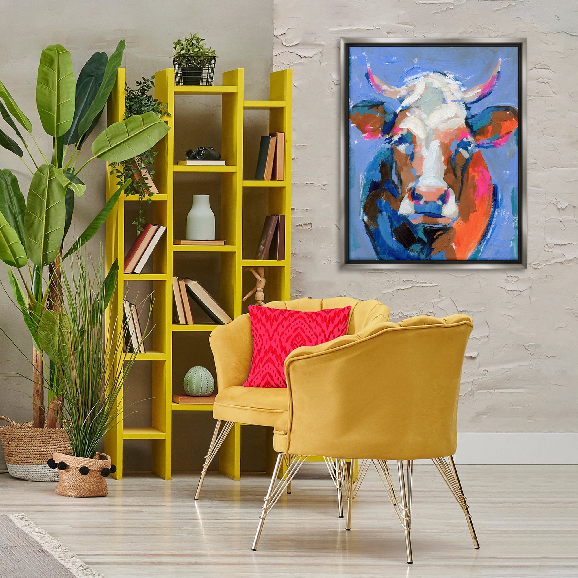 Stupell Industries Bold Paint Strokes Cow Animals & Insects Painting Gray Floater Framed Canvas Art Print Wall Art, 25 x 31