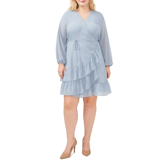 1. STATE Plus Size Wrap Front Tie V-Neck Long Sleeve Tiered Ruffle Hem Dress - Size 24W, DUSTY BLUE
