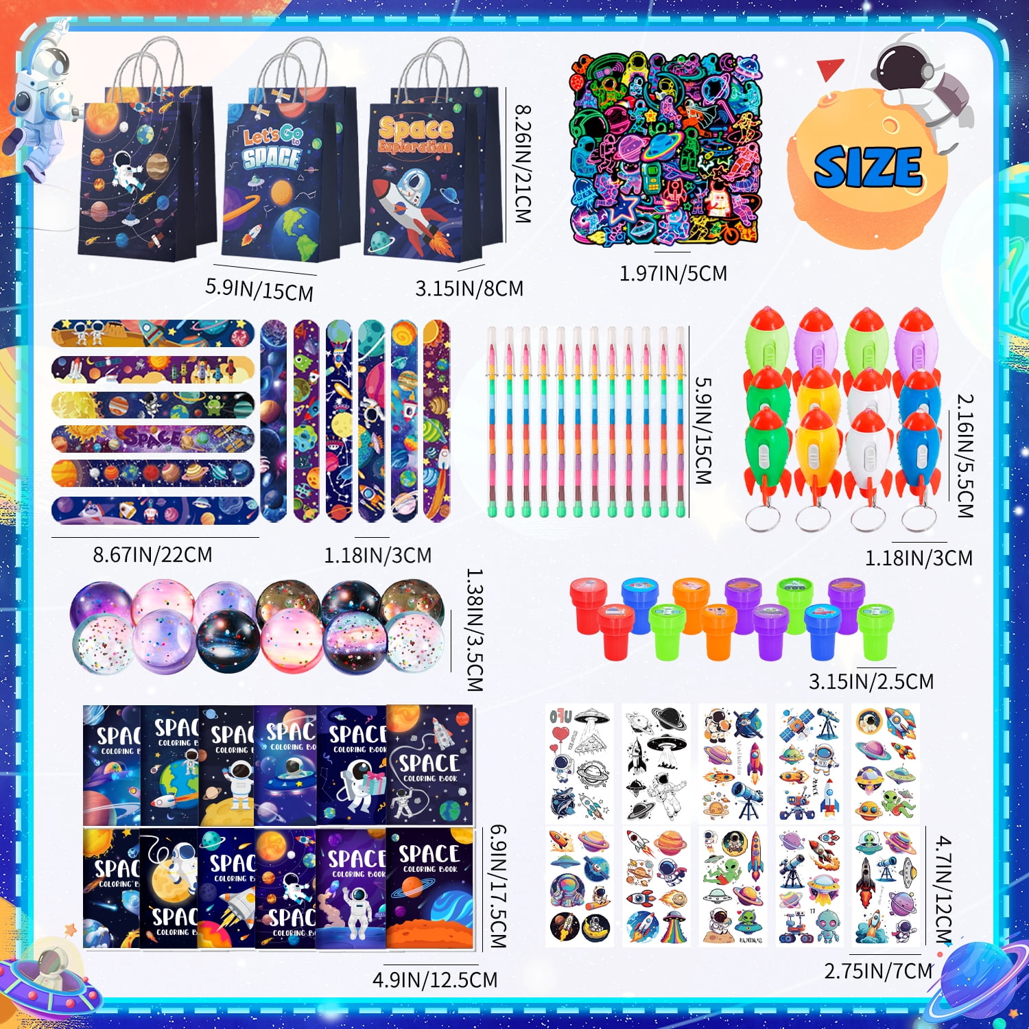 146pcs Space Party Favors Bags Fillers Includ Outer Space Goodie Bags Stickers Stamps Bracelets Solar System Coloring Books Pens etc for Astronaut Birthday Party Decorations Supplies