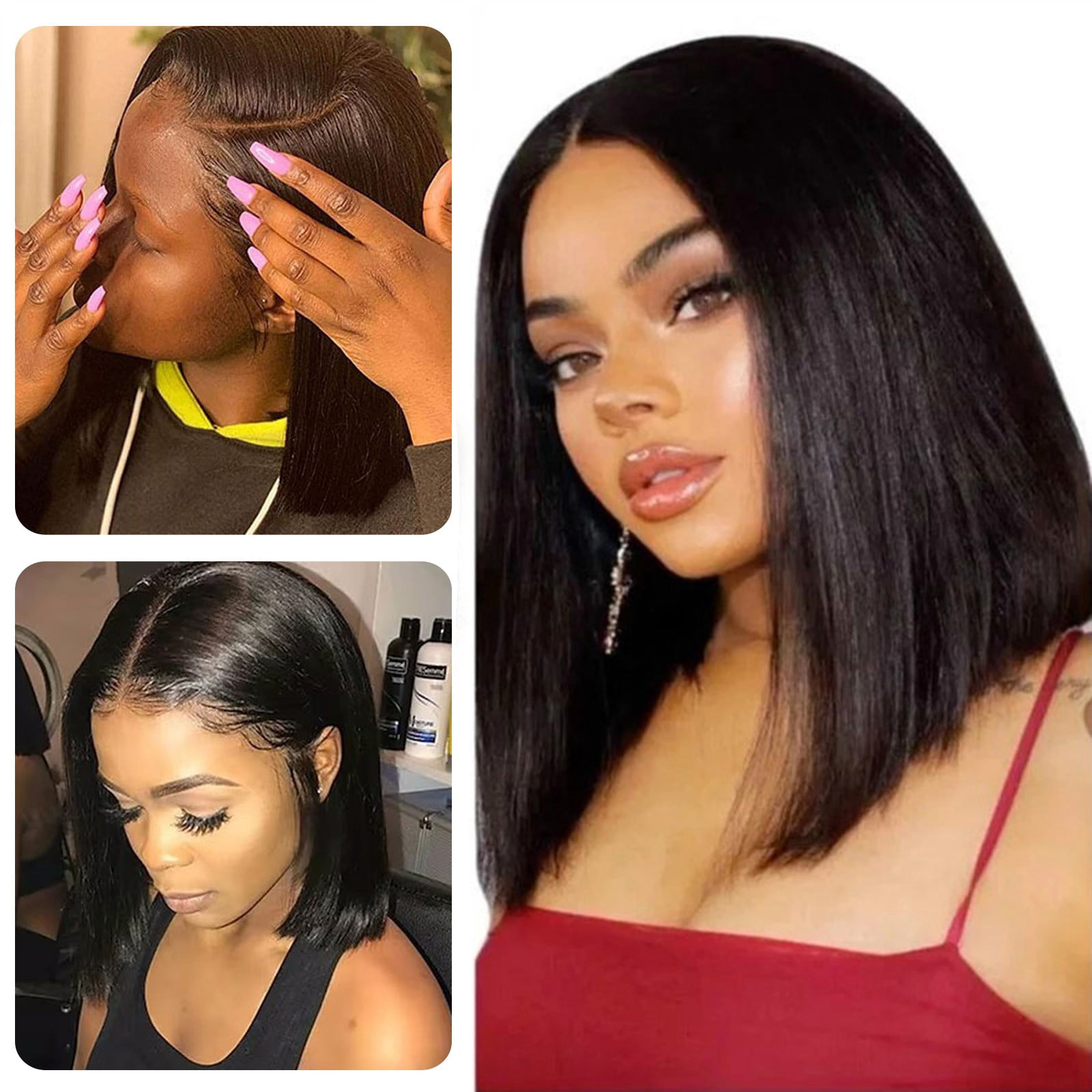 Ombre Blonde Bob Wig for Women, Short Straight Synthetic Wig Natural Looking Lace Front Style Wig for Daily Party(Black-1,One Size)