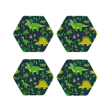 

Fuzoiu Dinosaurs and Flowers Print Leather Coasters Set Drink Coasters Set of 4 for Tabletop Protection Durable PVC Coasters Home Décor and Housewarming Gift-Hexagon