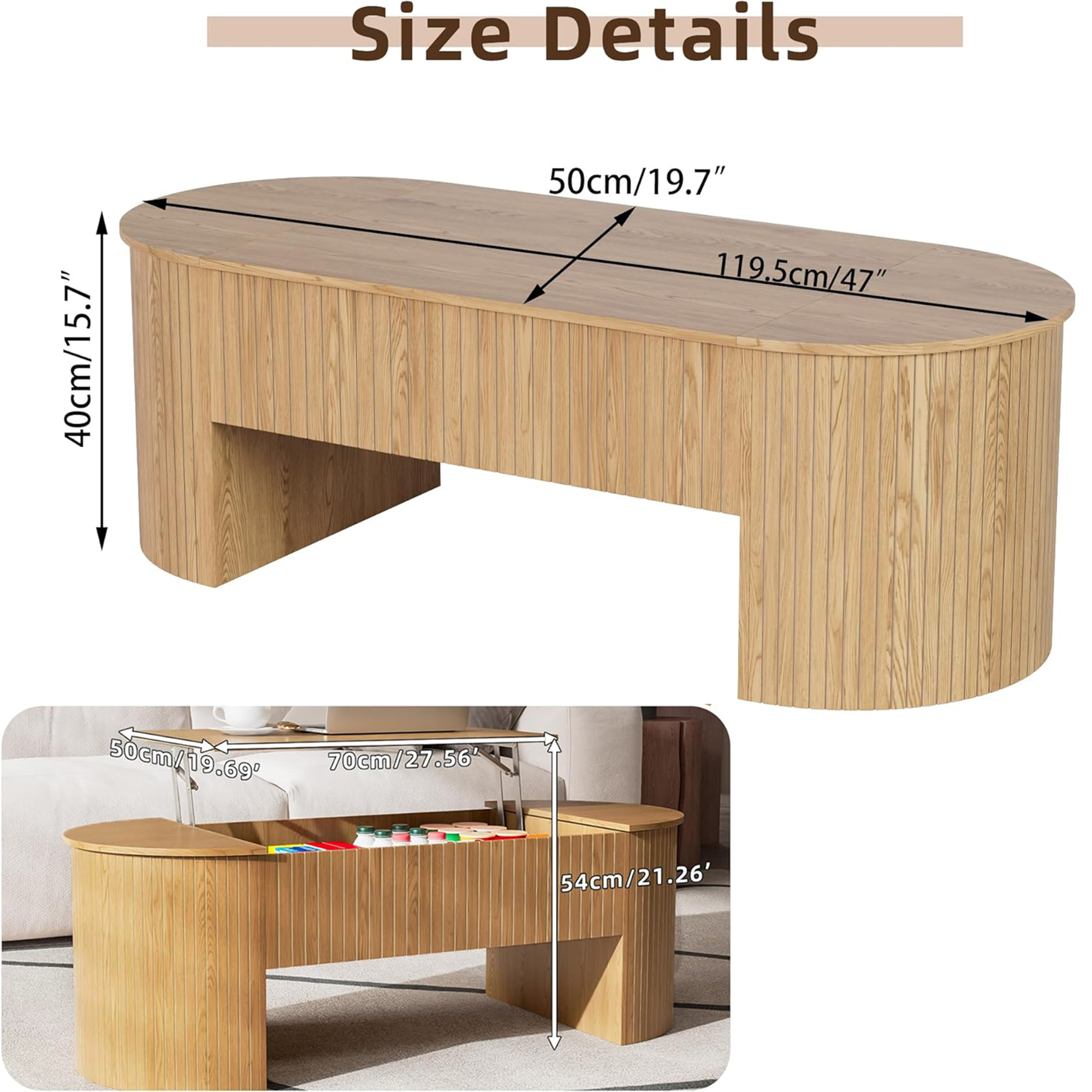 Lift Top Coffee Table with Storage, Oval Center Table with Hidden Compartment, Modern Coffee Table for Living Room, Wood