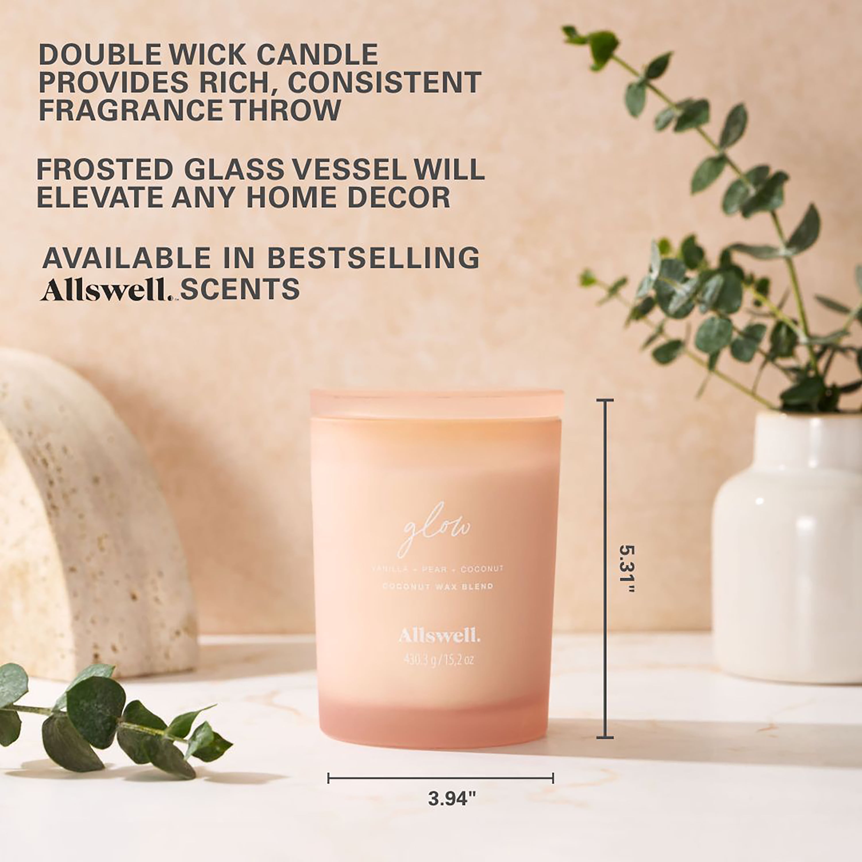 (4 pack) Allswell Glow (Vanilla + Pear + Coconut) Scented 2-Wick Spa Jar Candle 15oz.