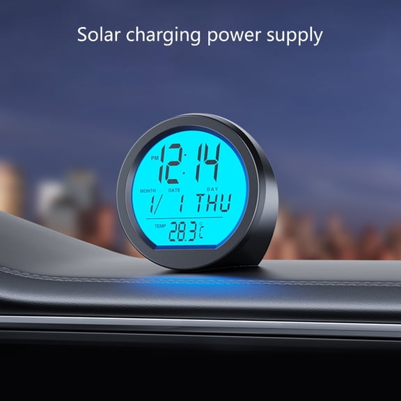 Car Dashboard Mount Digital Clock Automotive Solar Powered Clock Car Backlit Clock with Temperature Display