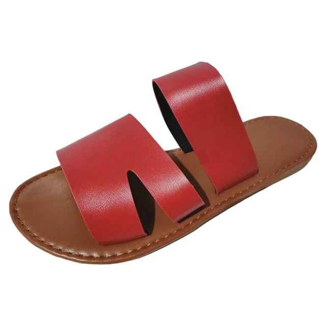 Ediodpoh Ladies Fashion Summer Solid Color Leather Open Toe Flat Bottom Beach Slippers Womens Slippers Red 9