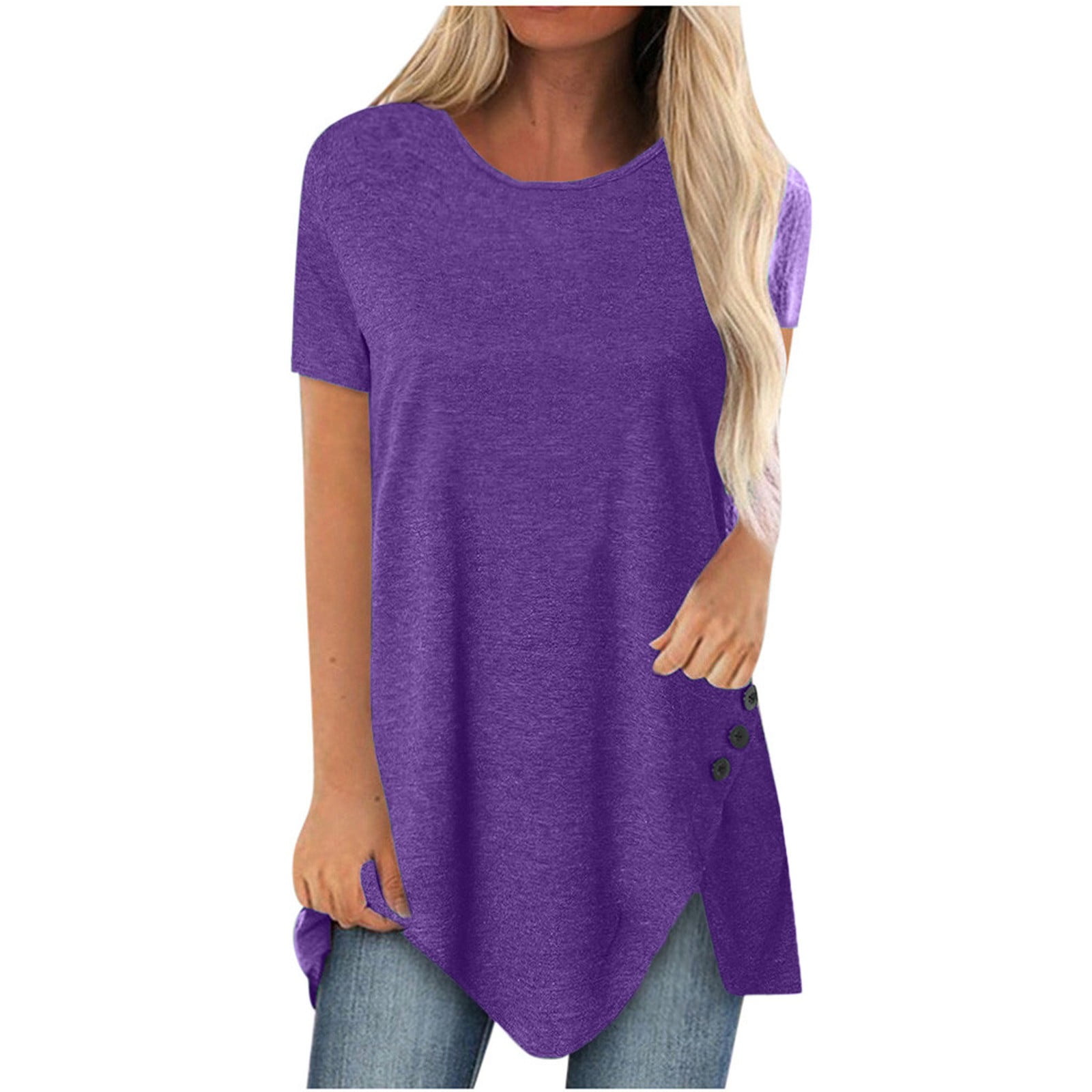Patlollav Clearance Womens Plus Size Tops Button Print Round Neck Short  Sleeve Irregular T-Shirt 