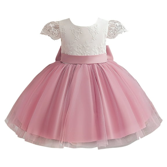 Sngxgn Girls Dresses Short Sleeve Stretch A-line Solid Color Dress for Toddler(Pink,110)