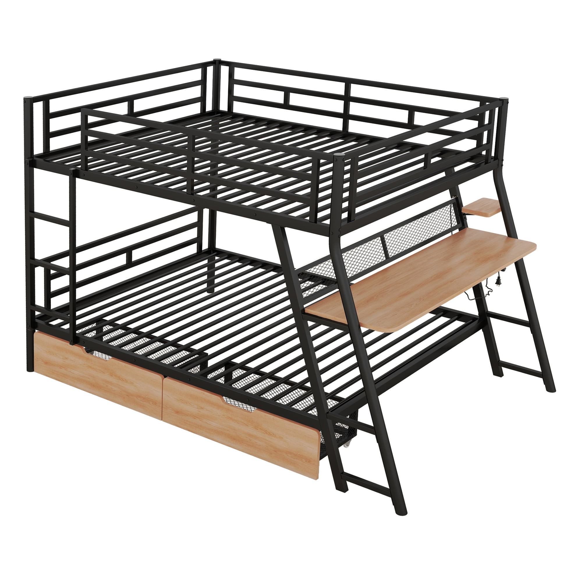 Euroco Metal Full over Full Bunk Bed with Desk and Drawers, LED Light Strip and Cabinet for Kids Teens Room, Black