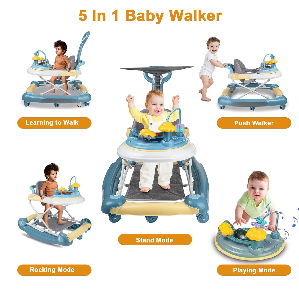 JieC 4 in 1 Baby Walker, Foldable Hand Push Walker, Height Adjustable, Suitable for Boys & Girls, Green
