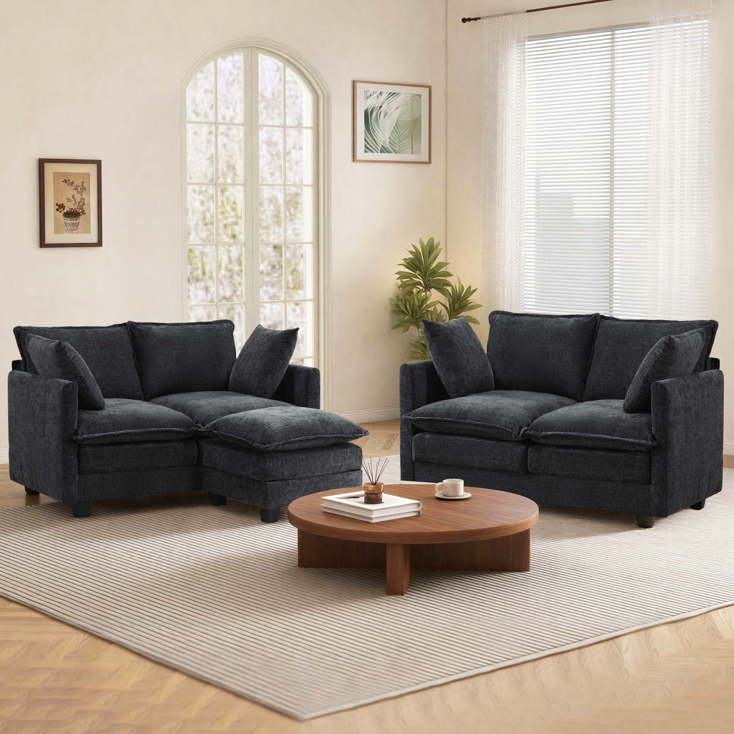 Dioepic 50" Loveseat Sofa Deep Seat Chenille Fabric with 2 Pillows for Living Room and Small Spaces, Black