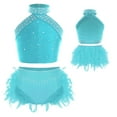 thumbnail image 5 of YiZYiF Kids Girls 2 Piece Lyrical Ballet Dance Outfit Sleeveless Shiny Rhinestones Crop Top and Blue Green 14, 5 of 6