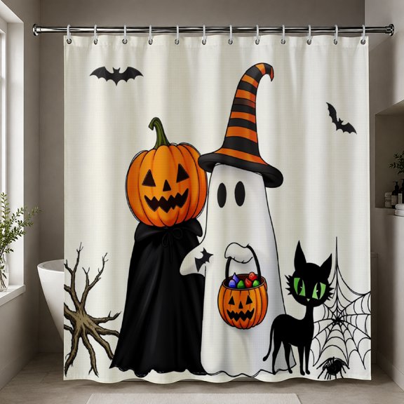 Gelasgo Halloween Witch Ghost Shower Curtain Polyester Fabric Waterproof Bathroom Curtains 72x72 Inch Black Cat Spooky Pumpkin Decor