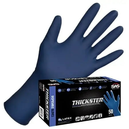 Thickster Powdered Latex Disposable Gloves. Size Large. Blue Color, 14 mil Thickness, 12" Length. Fully Textured for Superior Grip. Single Use. Pack of 50. (6603)