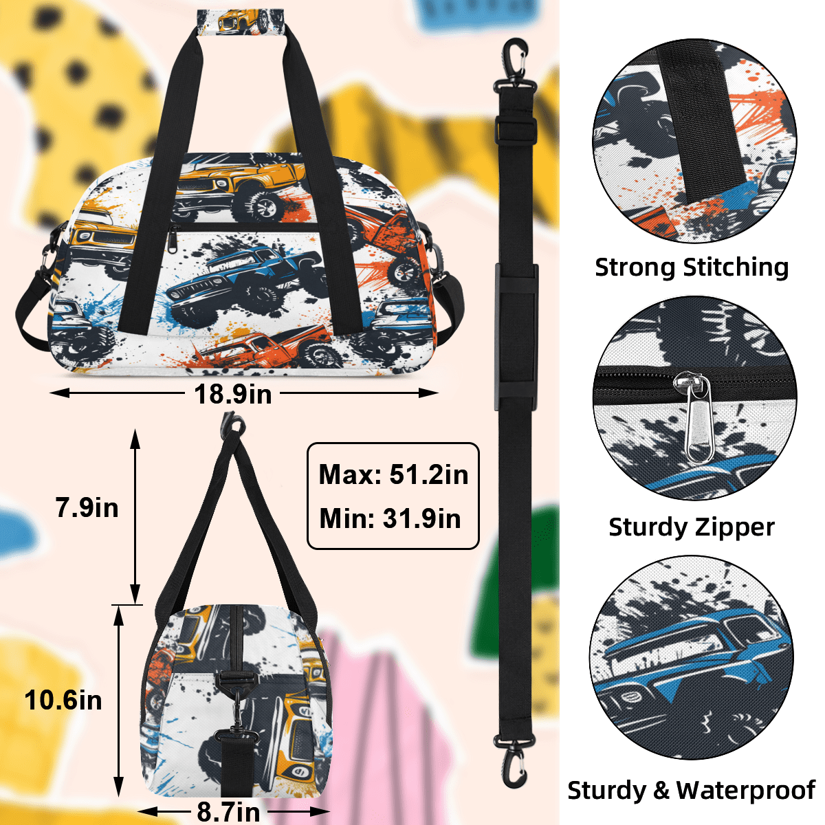 Herdesigns Sports Duffle Bags Travel Duffle Bag Gym Bag Monster Truck Car Weekender Travel Bag Waterproof Overnight Bag Carry On Travel Tote Bag Dance Bags