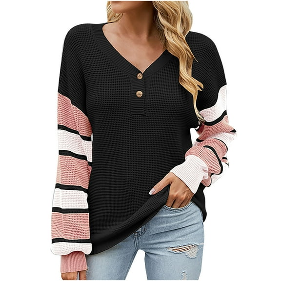IROINNID Womens Sweater V-Neck Pullover Sweater Stripes Loose Mid-Length Long Sleeve Button Knit Sweater Fall/Winter Lantern Sweater