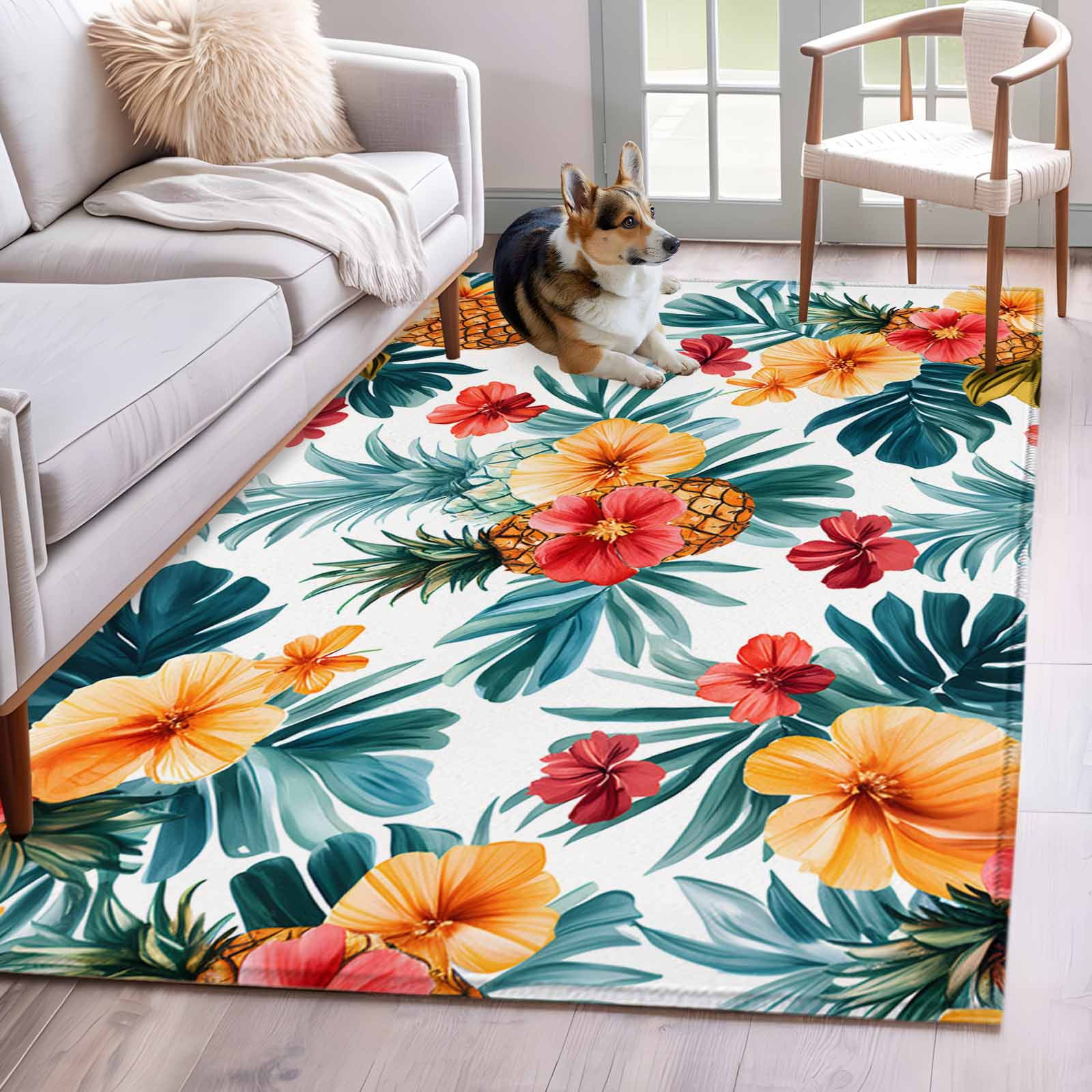 Rectangle Area Rug 4x6ft Summer Pineapple Flower Non-Shedding Washable Area Rug Tropical Palm Leaves Non Slip Low-Profile Rugs for Living Room Bedroom Dining Room