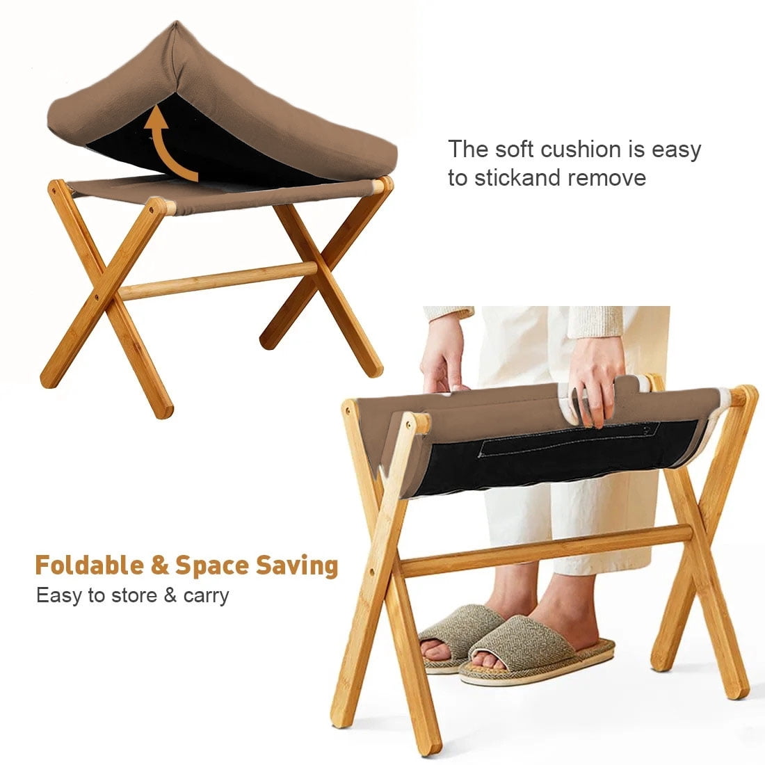 TEAFIRST Folding Footrest Stool, Footstool, Small Portable Bamboo Accent Ottoman,with Padded Brown