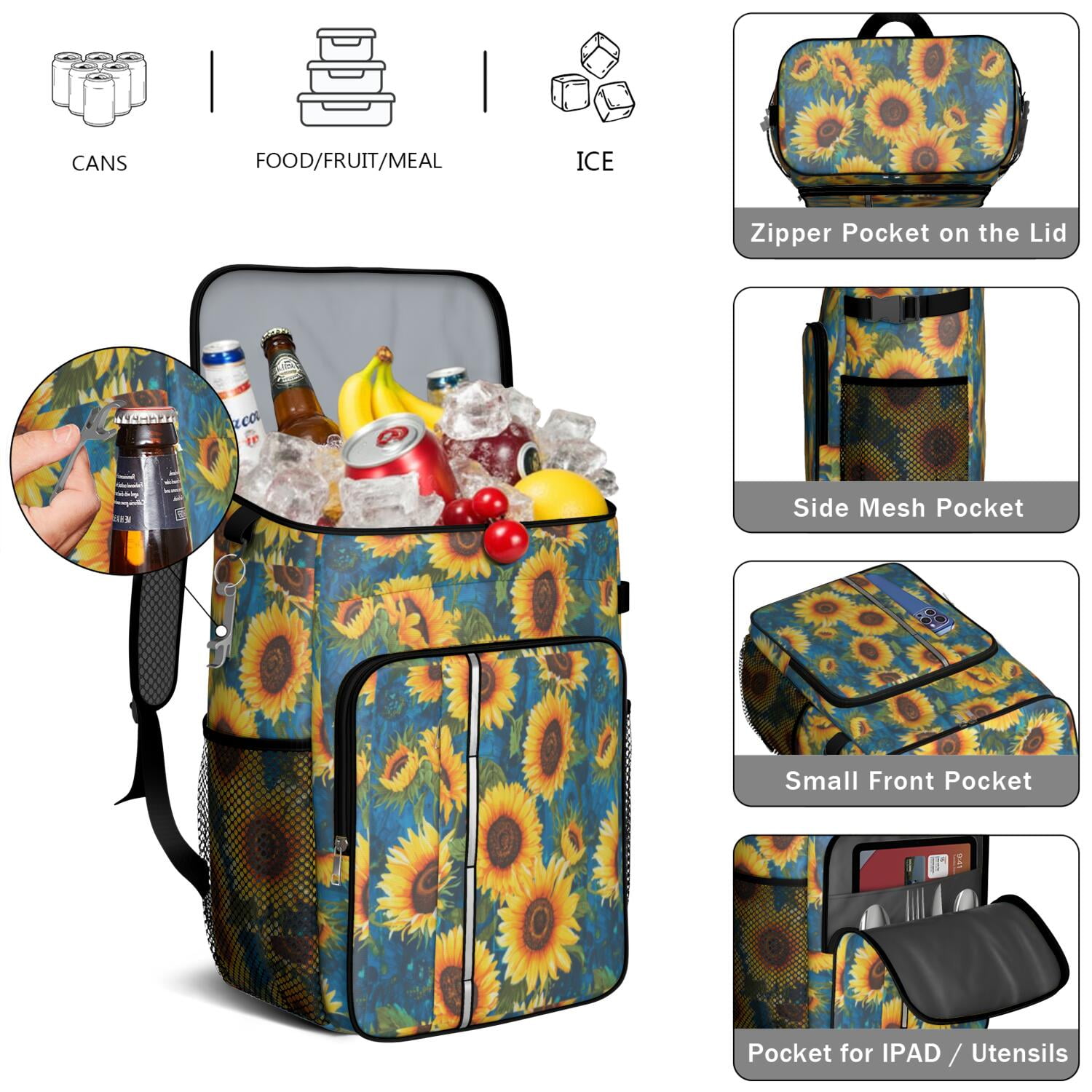 Travel Cooler Bag - Sunflower Camping Beer Cooler Backpack with Bottle Opener- Waterproof Insulated Picnic Backpacks - Cooler Bag for Beach