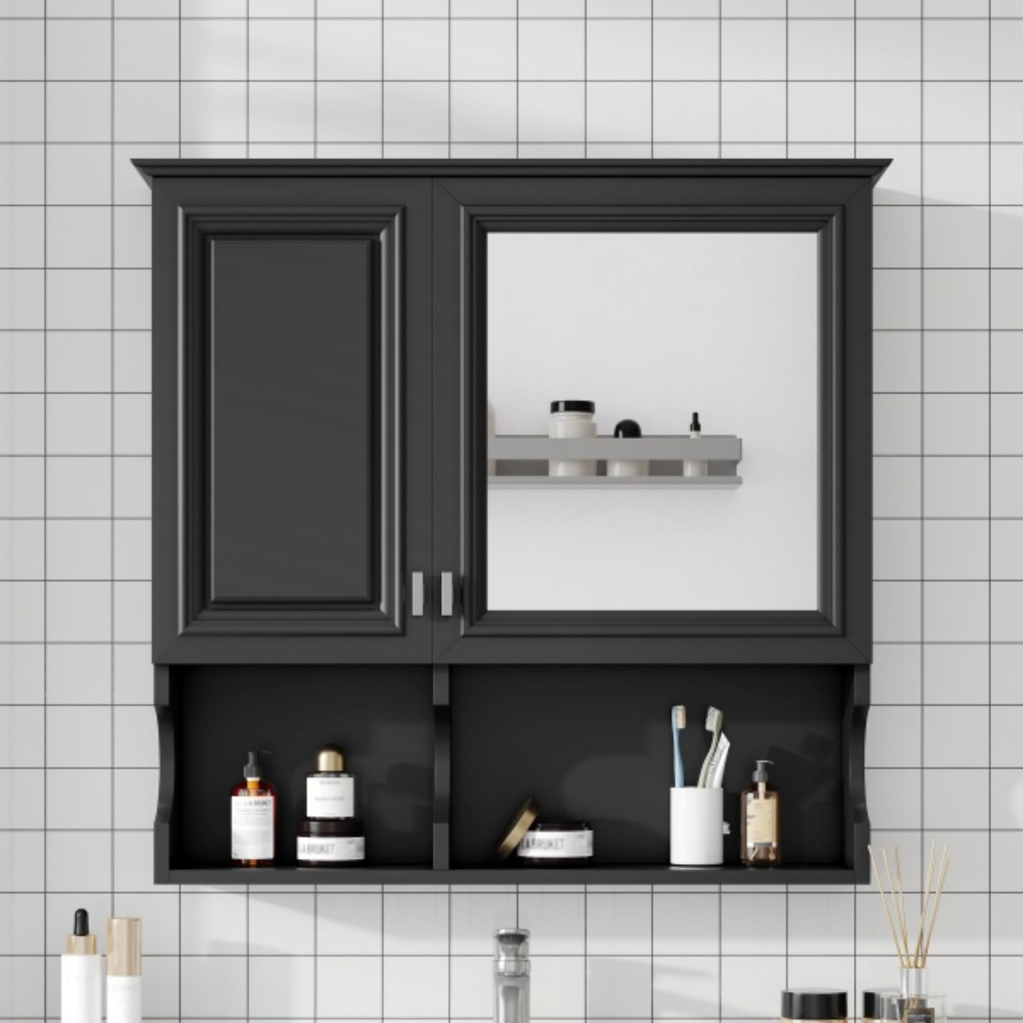 30 Inch Mirror Medicine Cabinet with Open Shelves, Wall Mounted Home Storage with Doors & Mirror, Adjustable Shelf, Bathroom Storage Cabinet over Toilet