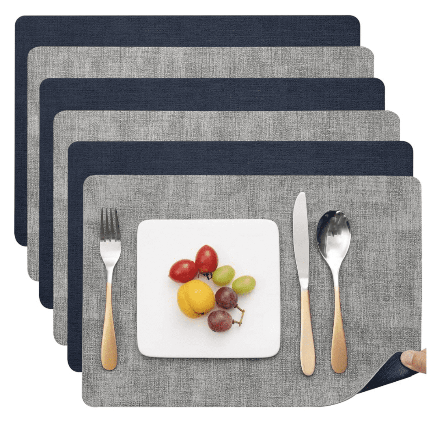Placemats Dual Sided, Faux Leather Place Mats Set of 6 Indoor Placemats for Dining Table Outdoor Placemats Manteles Individuales Square Non-Slip Washable Table Mats (Gray Blue, Set of 6)