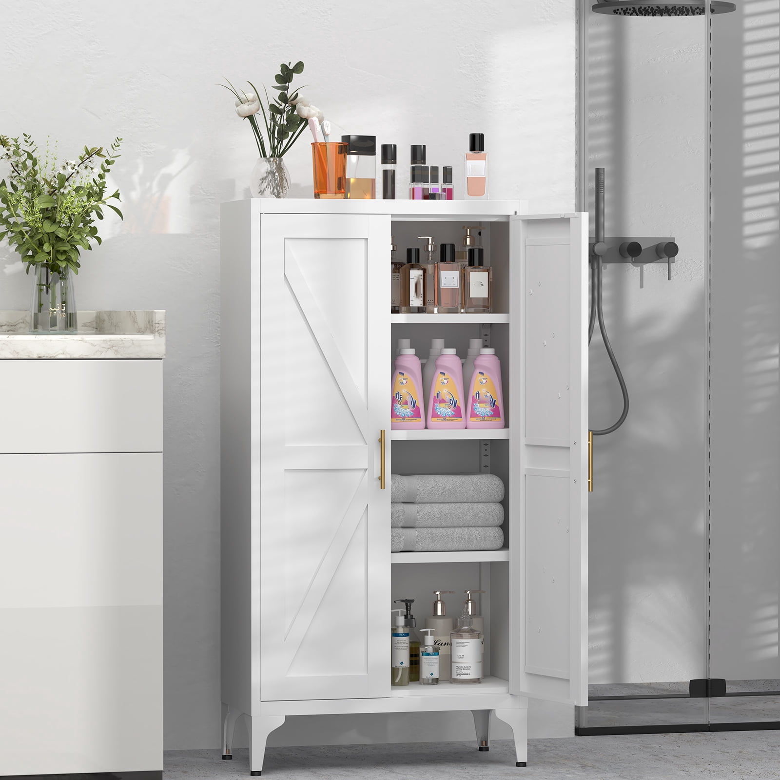 Marcree Metal Kitchen Storage Cabinets ,Cupboard with 3 Adjustable Shelves,Small Pantry Cabinet with Doors,Kitchen Pantry Storage Cabinet for Living,Dining,Bathroom,White
