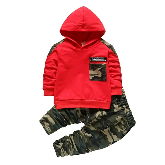 newwalpole Toddler Baby Boys Clothes Solid Color Hoodie Sweatshirt Tops Camouflage Long Pants 2PCS Outfits Set Red for Size 1-2 Years