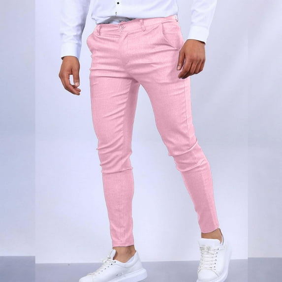 WTOBBY Men's Slim Fit Casual Dress Pants - Solid Color Straight Leg Jogger Style Trousers for Business Office Wear, Comfortable Professional Design with Stretch Fabric ,Pink XL