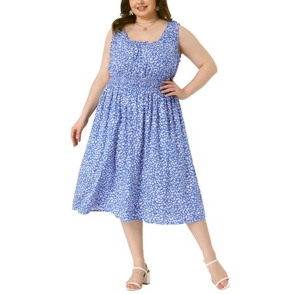 Vestidos Flowy de Cuello Cuadrado Sin Mangas para Mujeres de Talla Grande Agnes Orinda 3X Azul