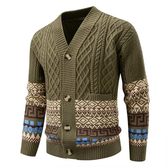GBSYEWXS Men Pullover Sweaters Long Sleeve Cardigan Autumn Jacquard Print Stretch Green V-Neck Sweater