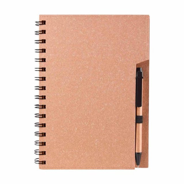 Libreta con espiral metálico con bolígrafo ecológico cafe 15.4 x 20.9