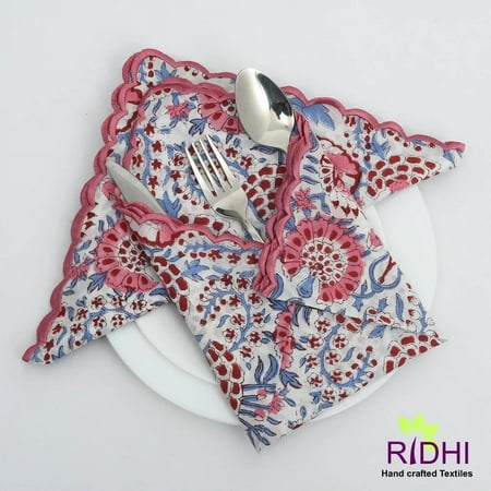 Pigeon Blue, Flamingo Pink on White Flower Design Indian Hand Block Printed Cotton Napkins, 9x9"- Cocktail Napkins, 20x20"- Dinner Napkins