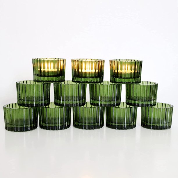 24 piezas de portavelas de té verde para decoraciones de Navidad, portavelas de vidrio acanalado para bodas, regalos para vacaciones/cumpleaños